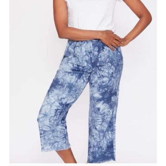 Royalty Collection Blue Tie Dye Linen Blend Raw Hem Pants Women's Plus Size 3X - Picture 3 of 11